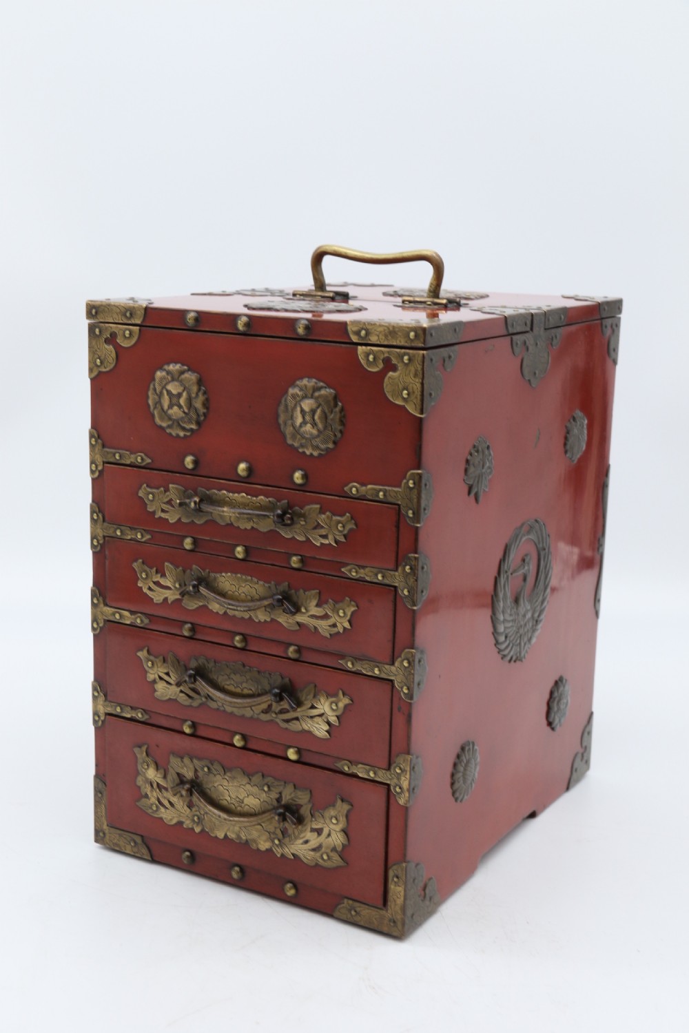 A superb late 19th century Japanese red lacquer and bronze mounted collectors or jewellery cabinet. View III