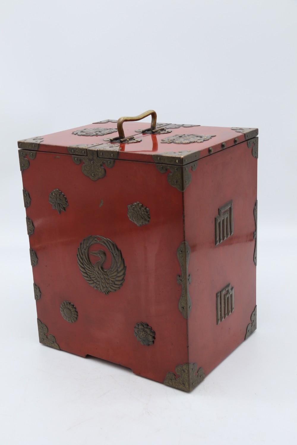 A superb late 19th century Japanese red lacquer and bronze mounted collectors or jewellery cabinet. View V