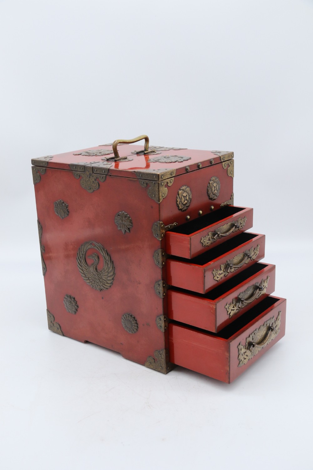 A superb late 19th century Japanese red lacquer and bronze mounted collectors or jewellery cabinet. View VII