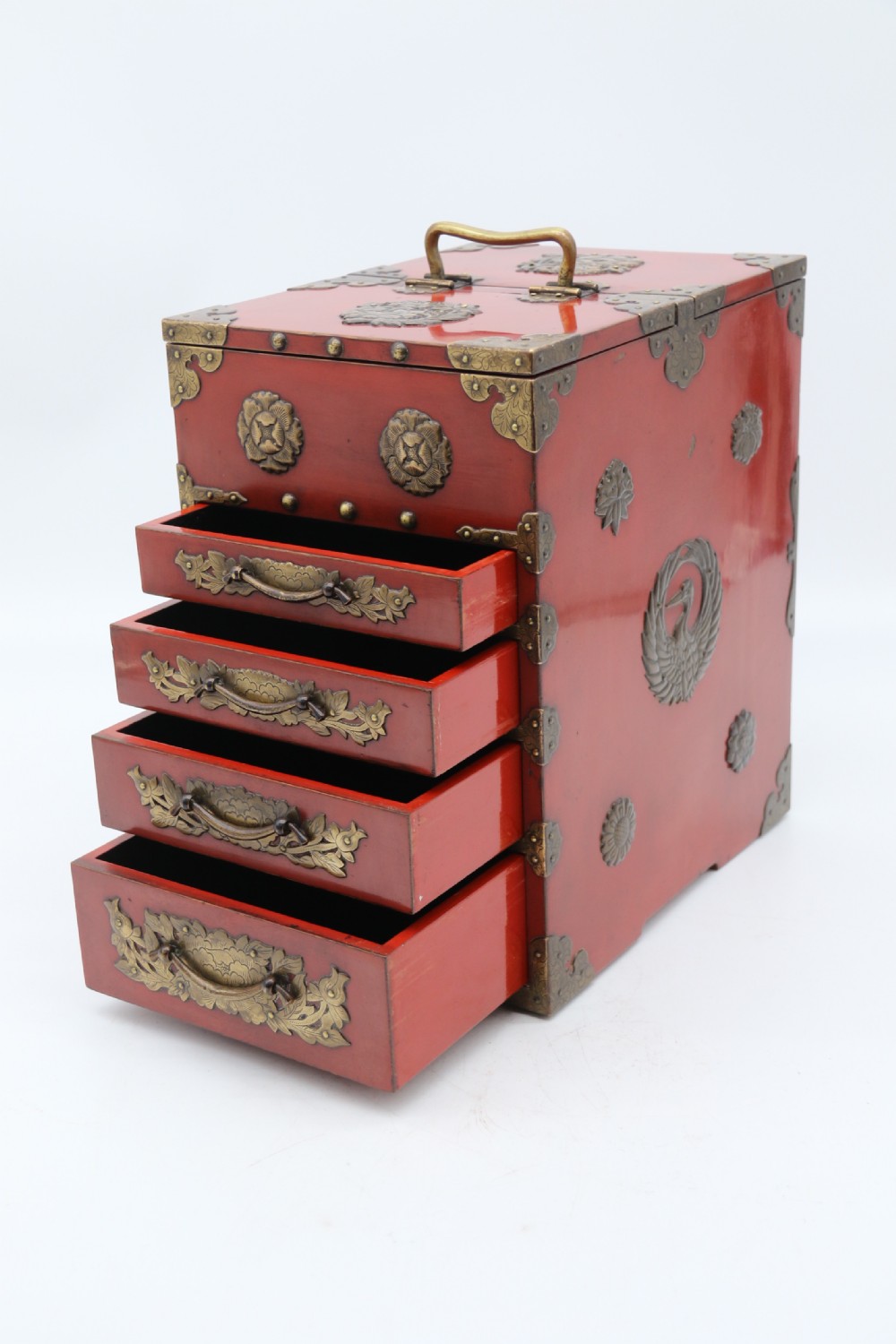 A superb late 19th century Japanese red lacquer and bronze mounted collectors or jewellery cabinet. View VIII