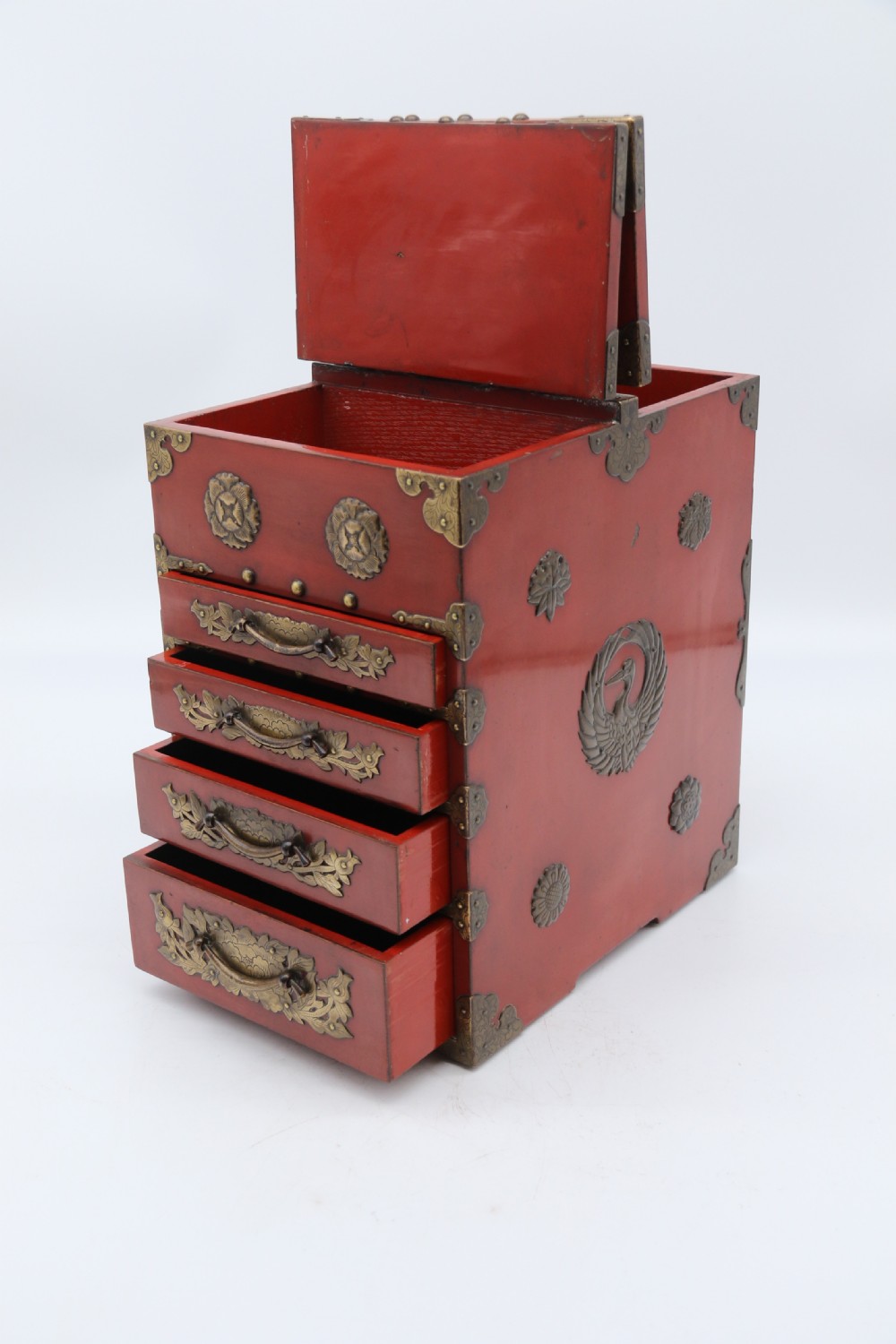 A superb late 19th century Japanese red lacquer and bronze mounted collectors or jewellery cabinet. View IX