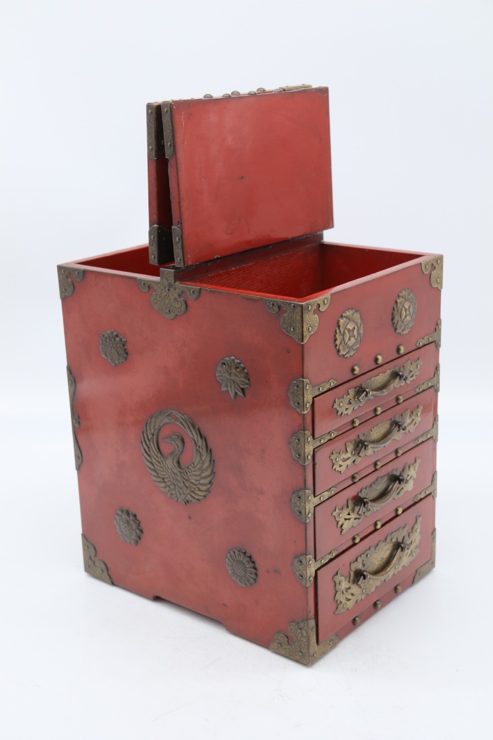 A superb late 19th century Japanese red lacquer and bronze mounted collectors or jewellery cabinet. View X