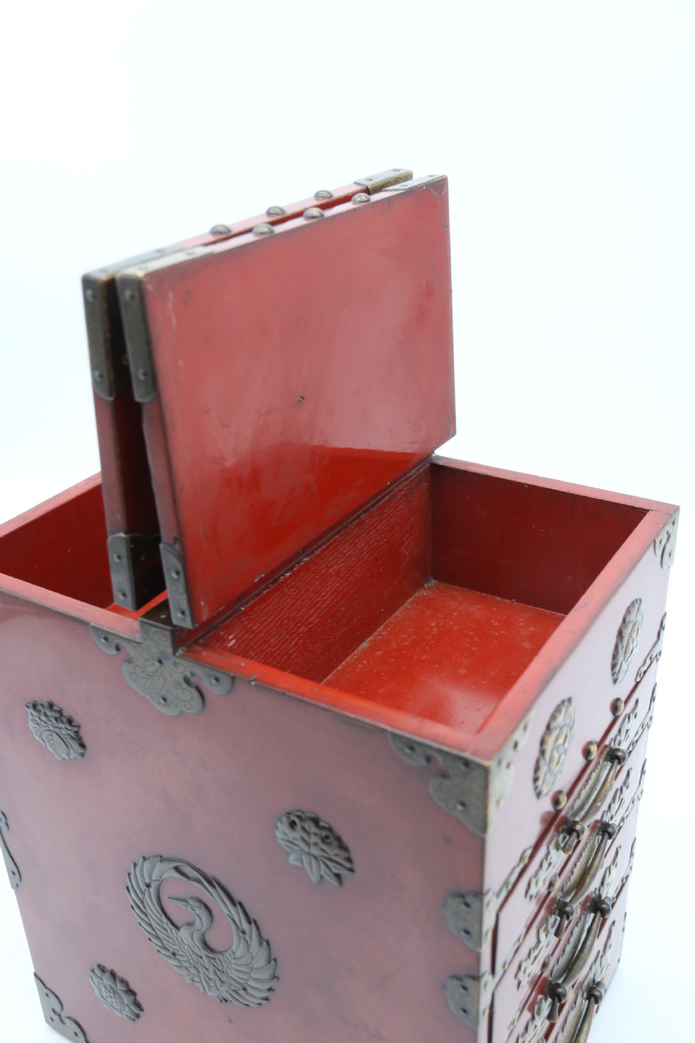 A superb late 19th century Japanese red lacquer and bronze mounted collectors or jewellery cabinet. View XI