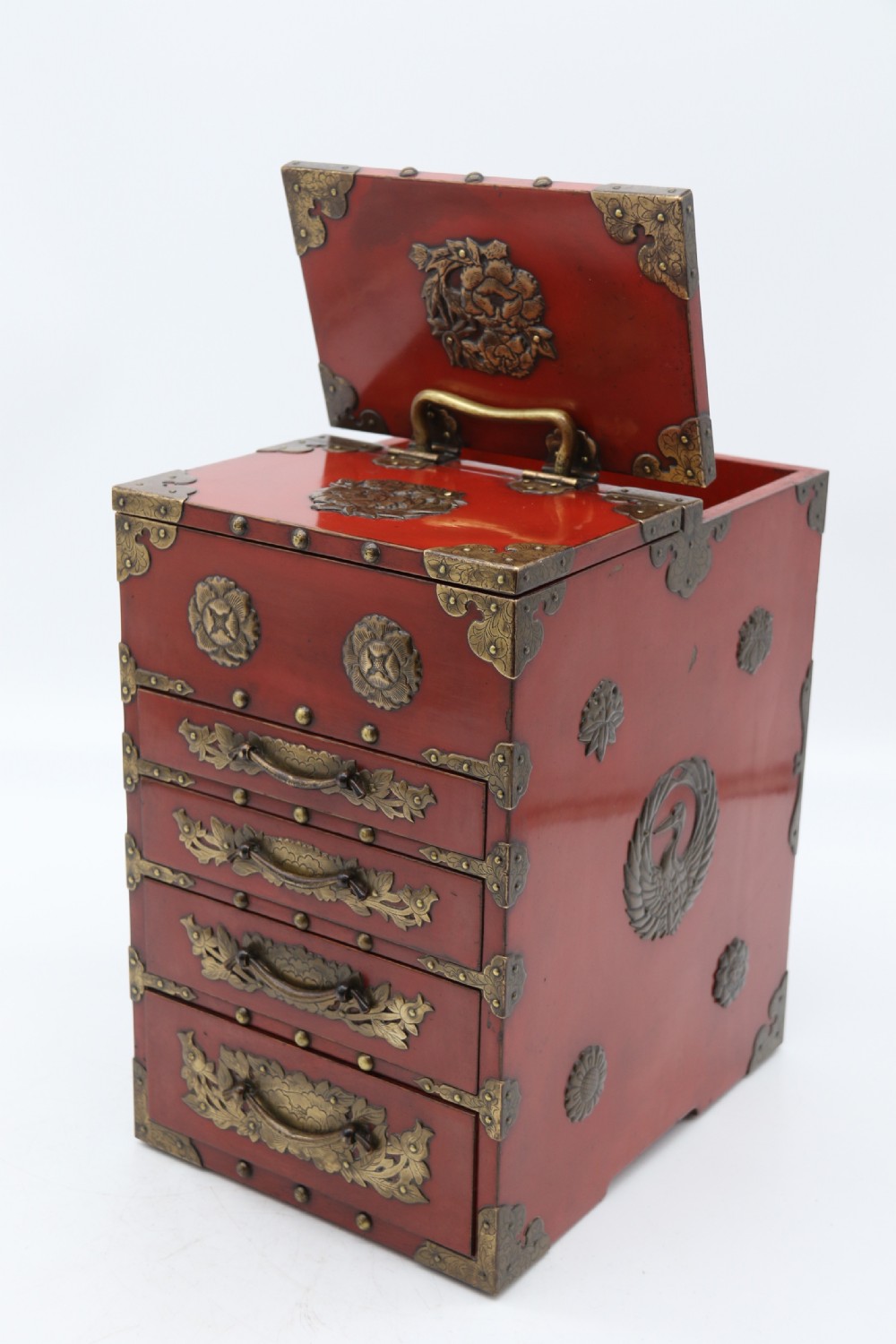 A superb late 19th century Japanese red lacquer and bronze mounted collectors or jewellery cabinet. View XIII