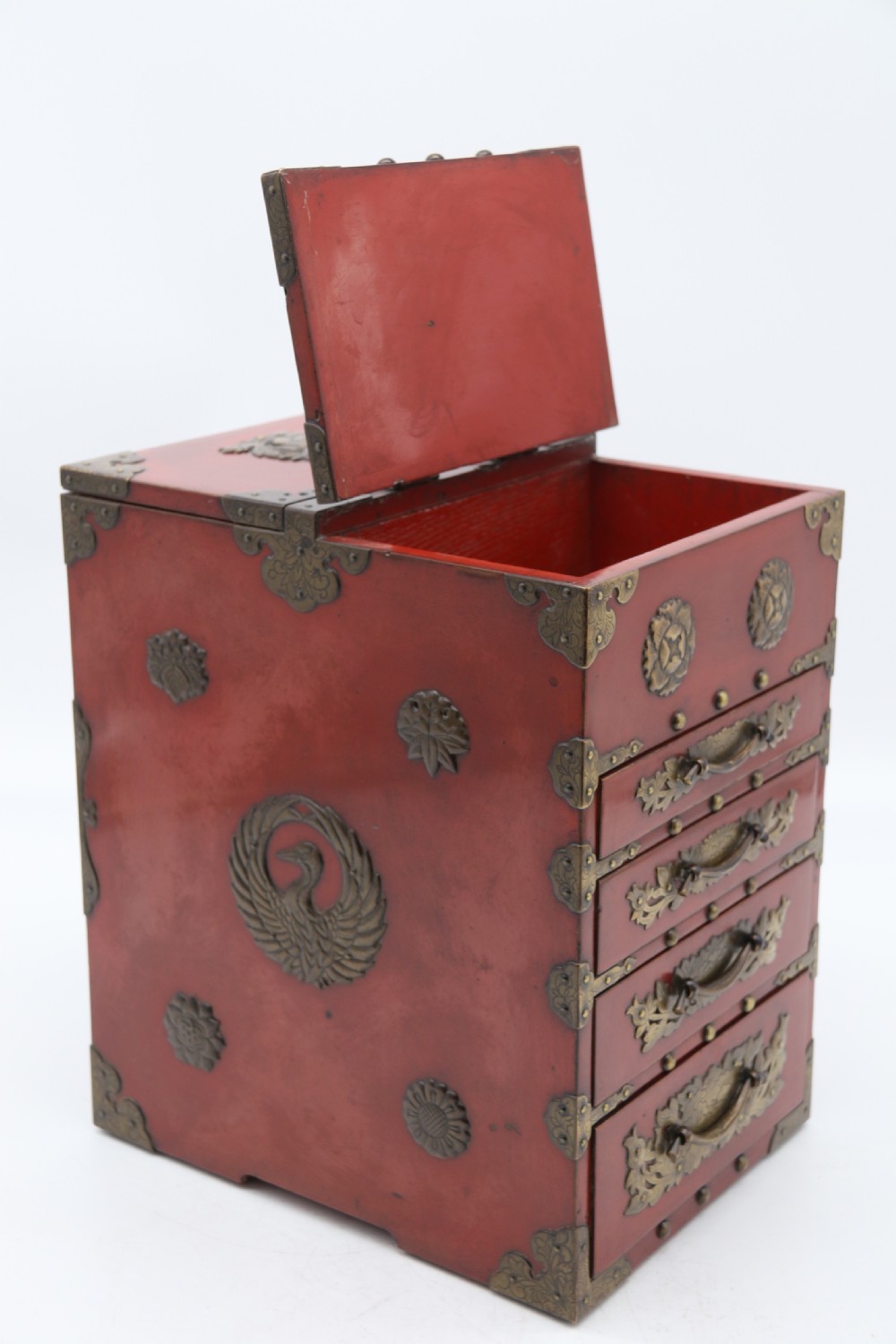 A superb late 19th century Japanese red lacquer and bronze mounted collectors or jewellery cabinet. View XIV