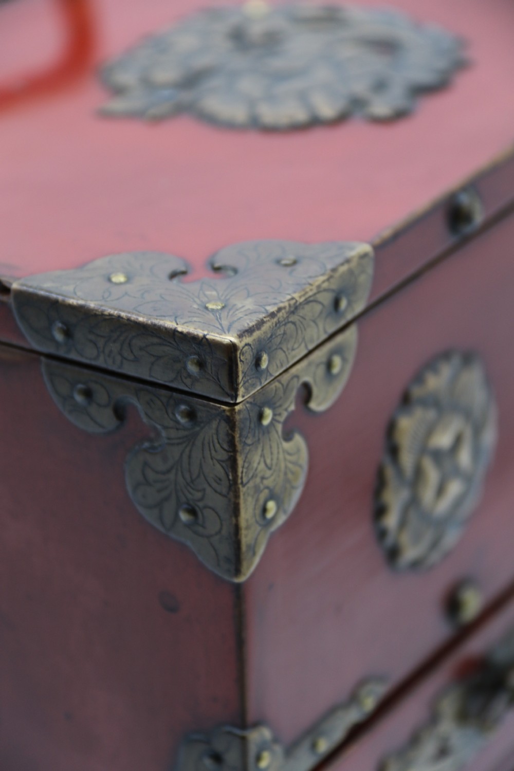 A superb late 19th century Japanese red lacquer and bronze mounted collectors or jewellery cabinet. View XVIII