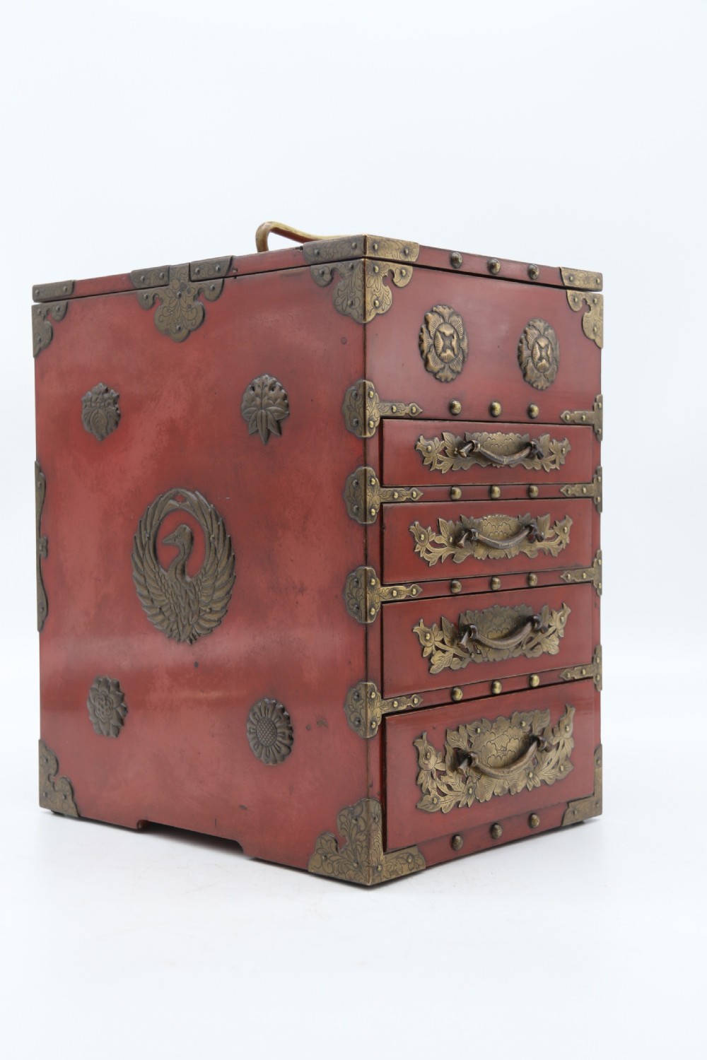 A superb late 19th century Japanese red lacquer and bronze mounted collectors or jewellery cabinet. View XXV