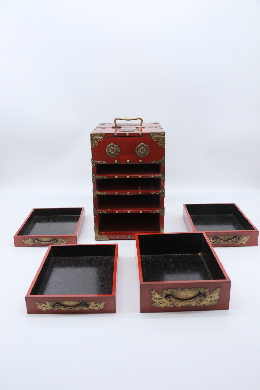 A superb late 19th century Japanese red lacquer and bronze mounted collectors or jewellery cabinet. View XXVI
