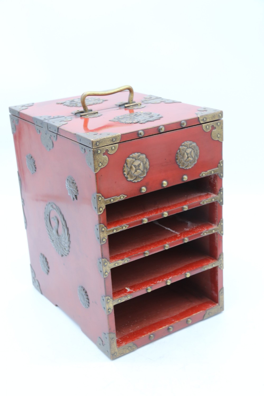 A superb late 19th century Japanese red lacquer and bronze mounted collectors or jewellery cabinet. View XXVII