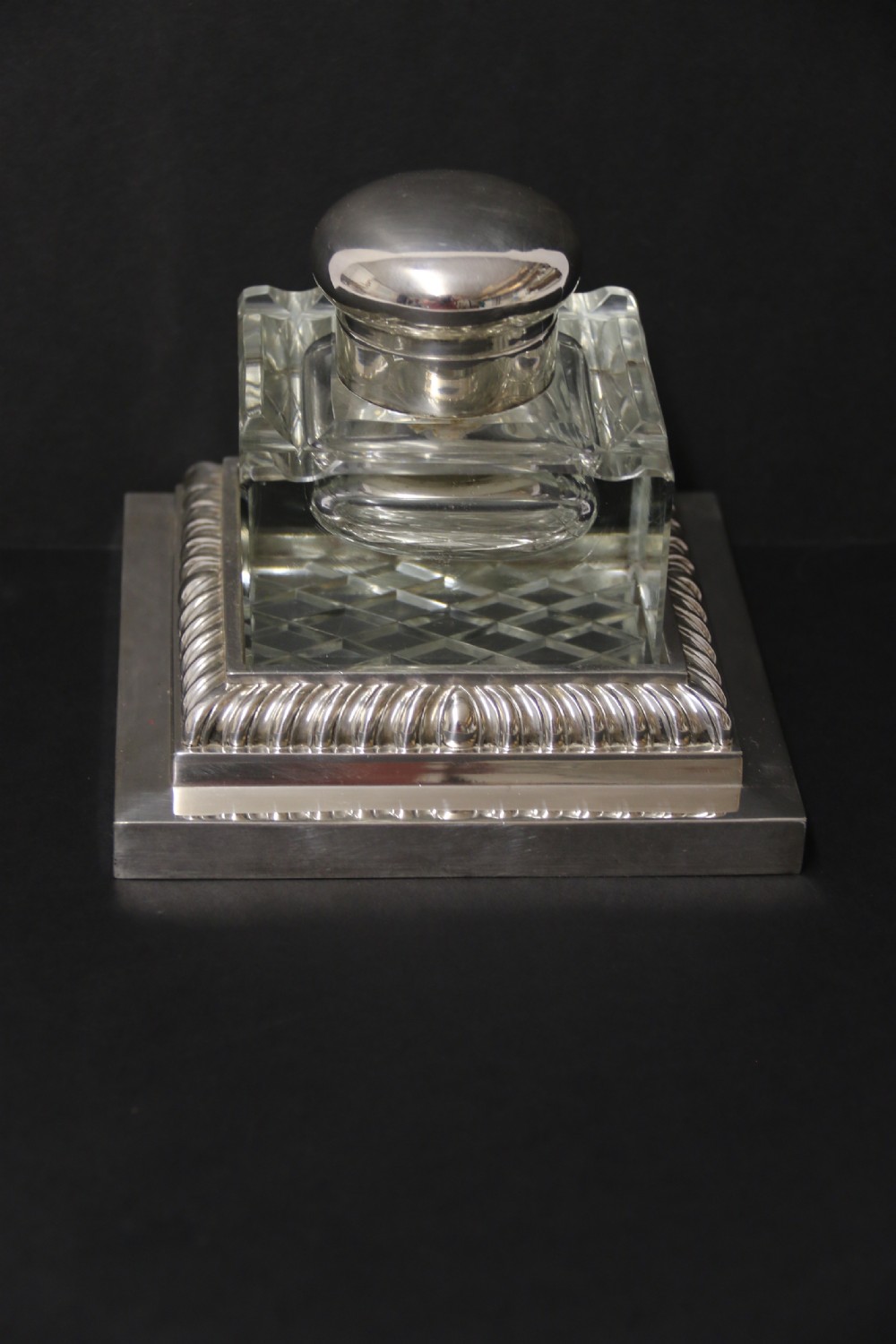 A large silver plated and cut glass desk inkwell circa1910 View III