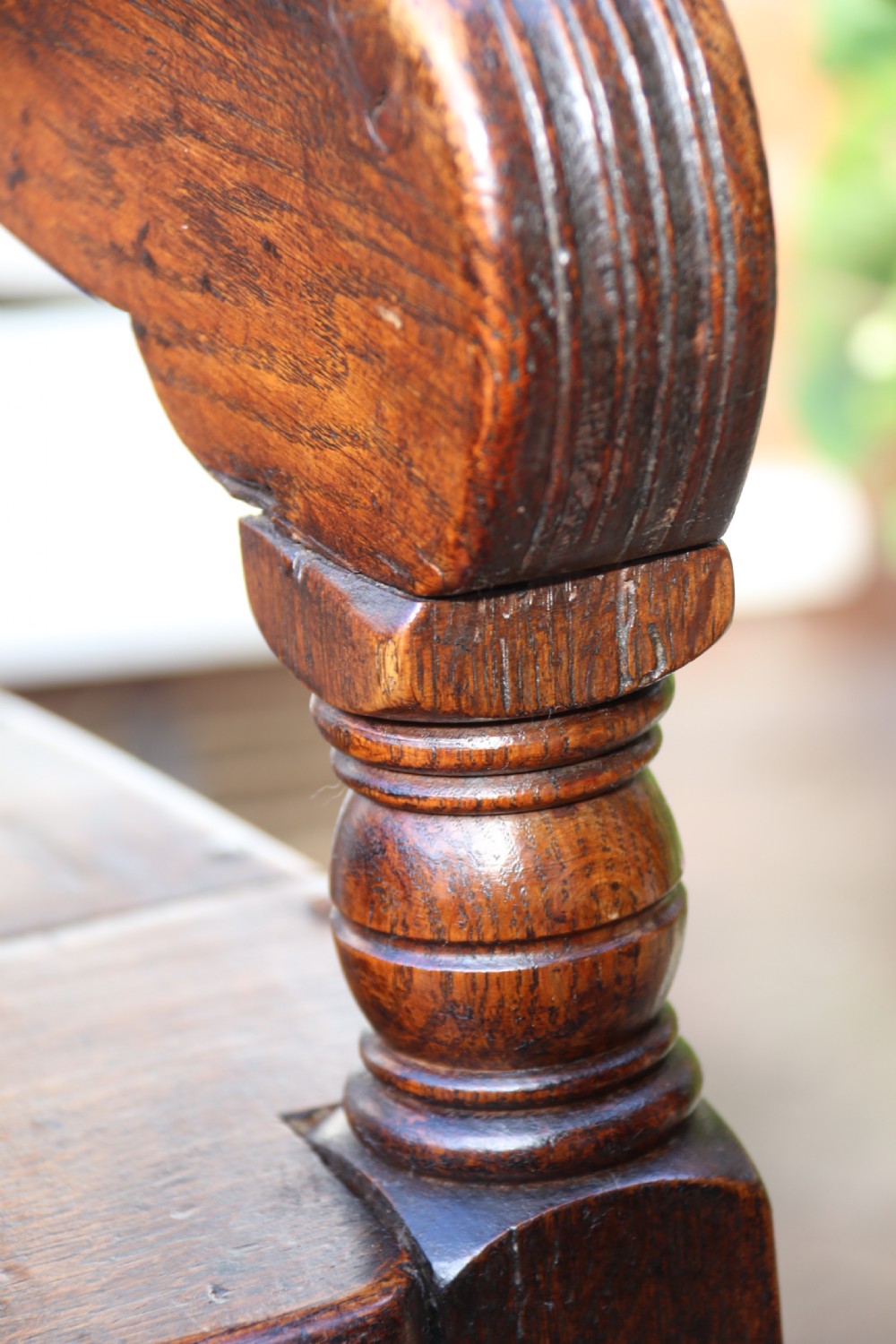 A fine English oak panelled and moulded Wainscot Armchair. View V