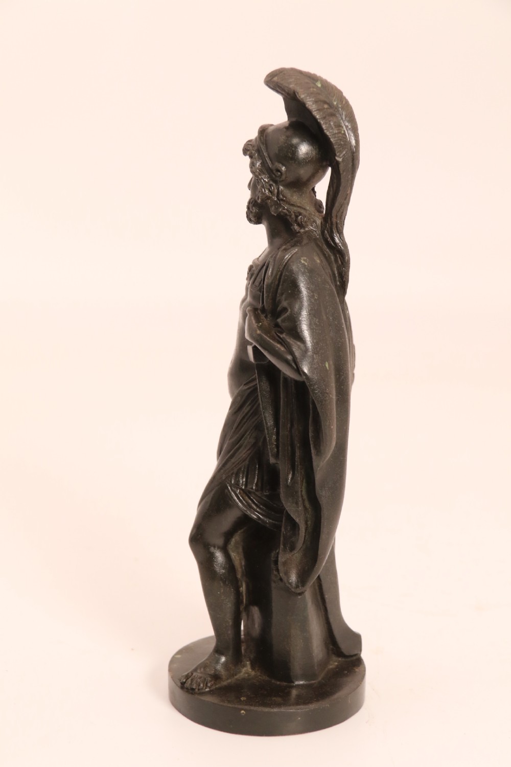 A pair of dark patinated bronze classical figures depicting Athena and Zeus on circular bases. View XV