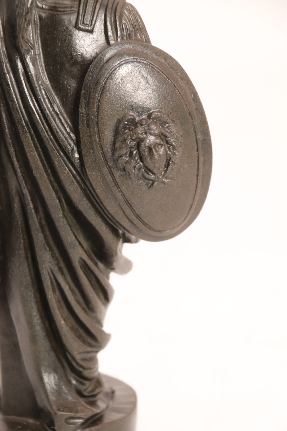 A pair of dark patinated bronze classical figures depicting Athena and Zeus on circular bases. View XVIII