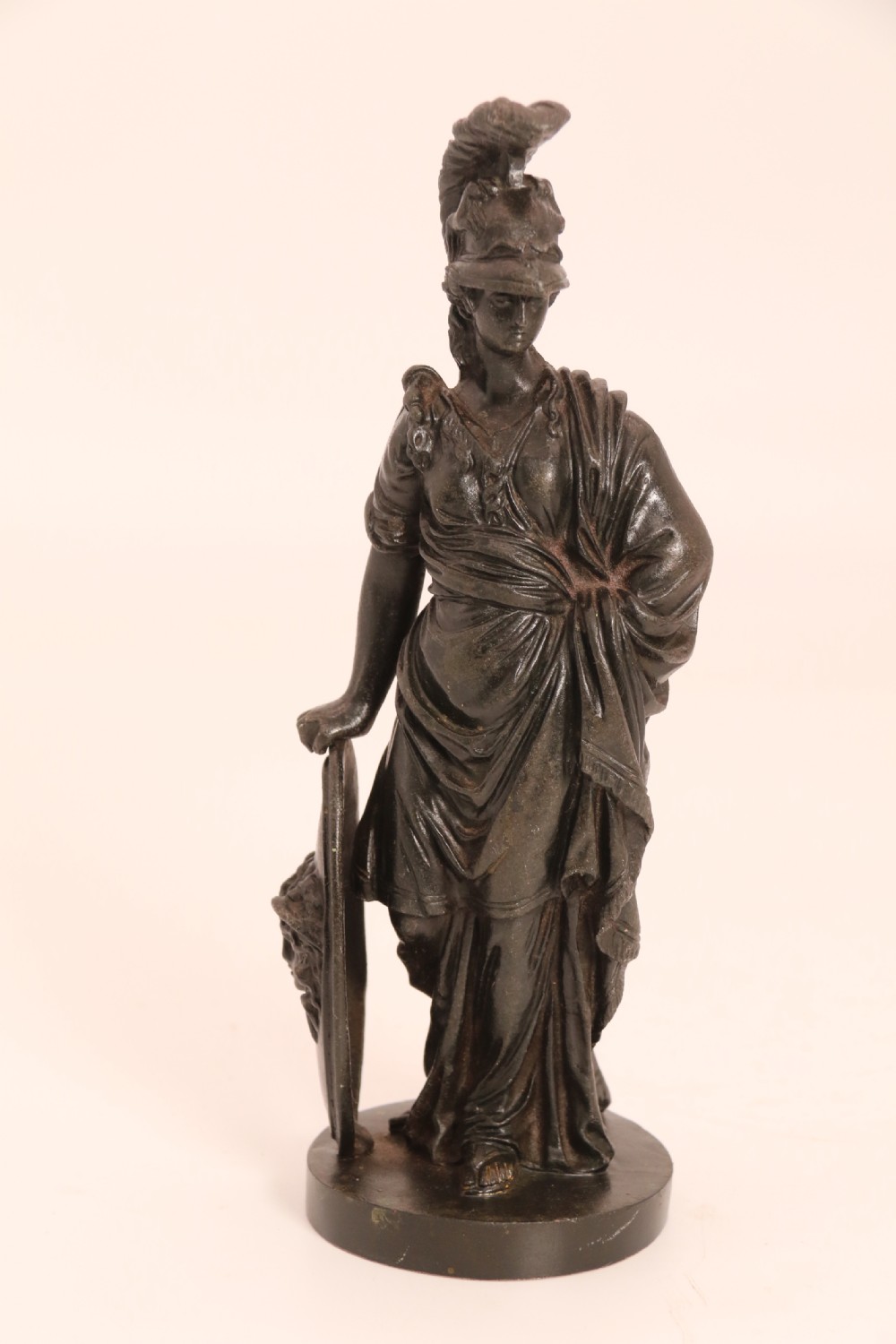 A pair of dark patinated bronze classical figures depicting Athena and Zeus on circular bases. View XX