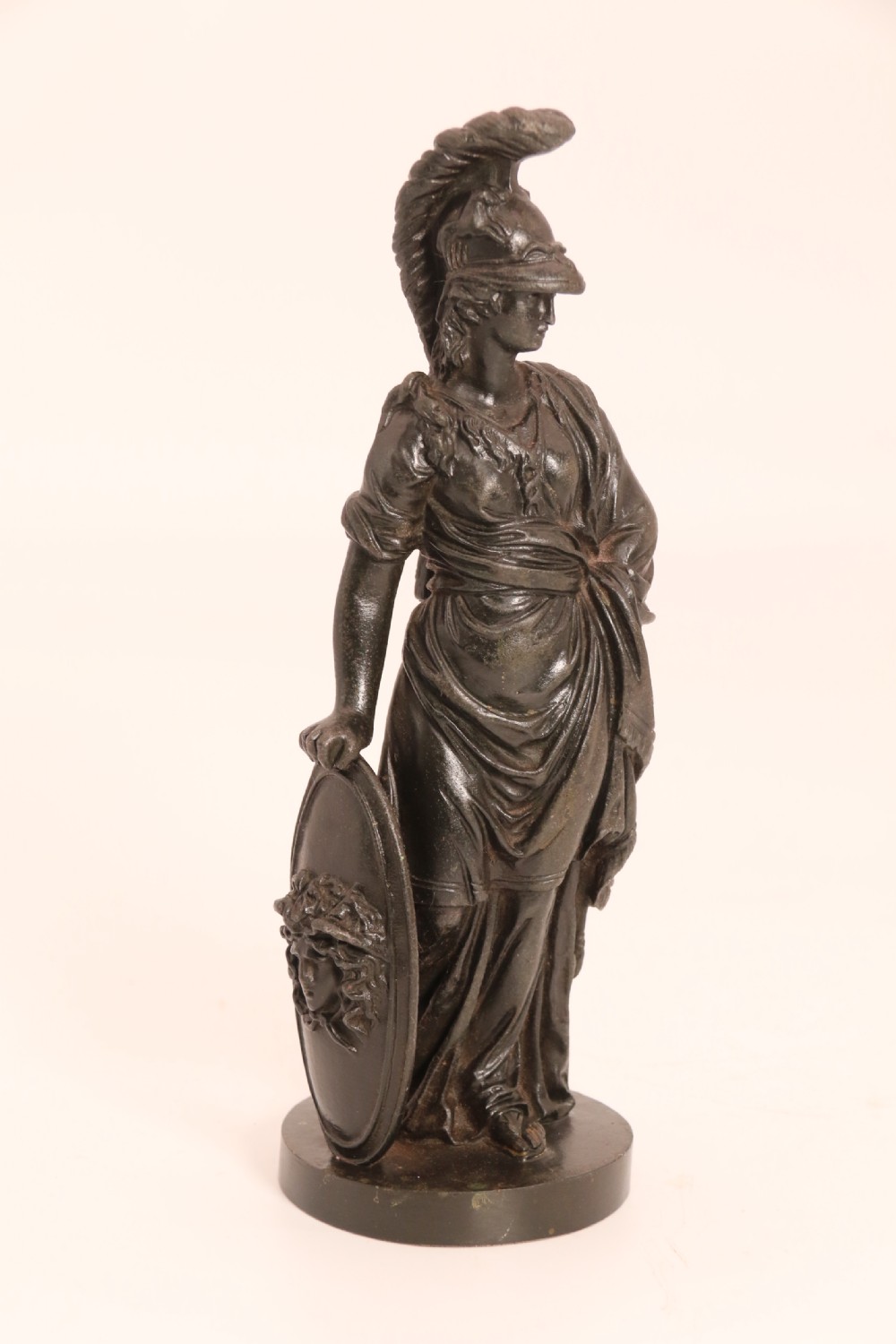 A pair of dark patinated bronze classical figures depicting Athena and Zeus on circular bases. View XXI