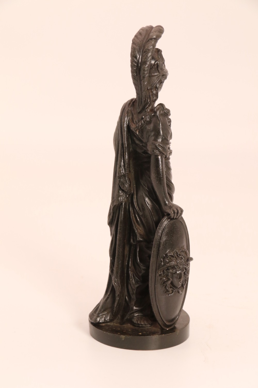 A pair of dark patinated bronze classical figures depicting Athena and Zeus on circular bases. View XXIII