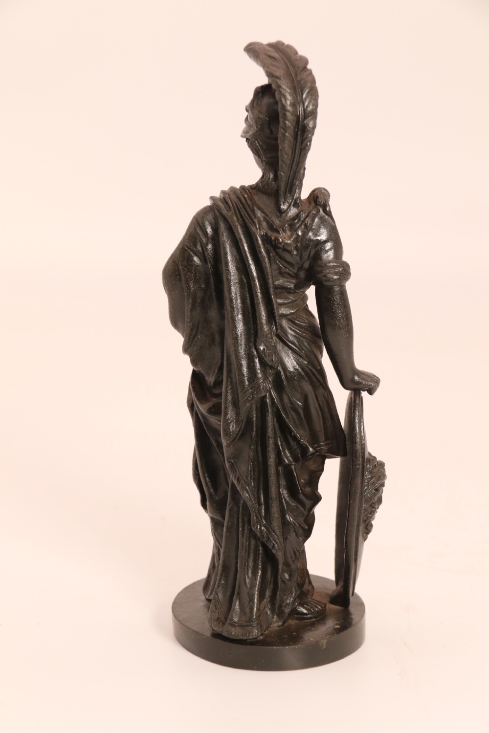 A pair of dark patinated bronze classical figures depicting Athena and Zeus on circular bases. View XXIV