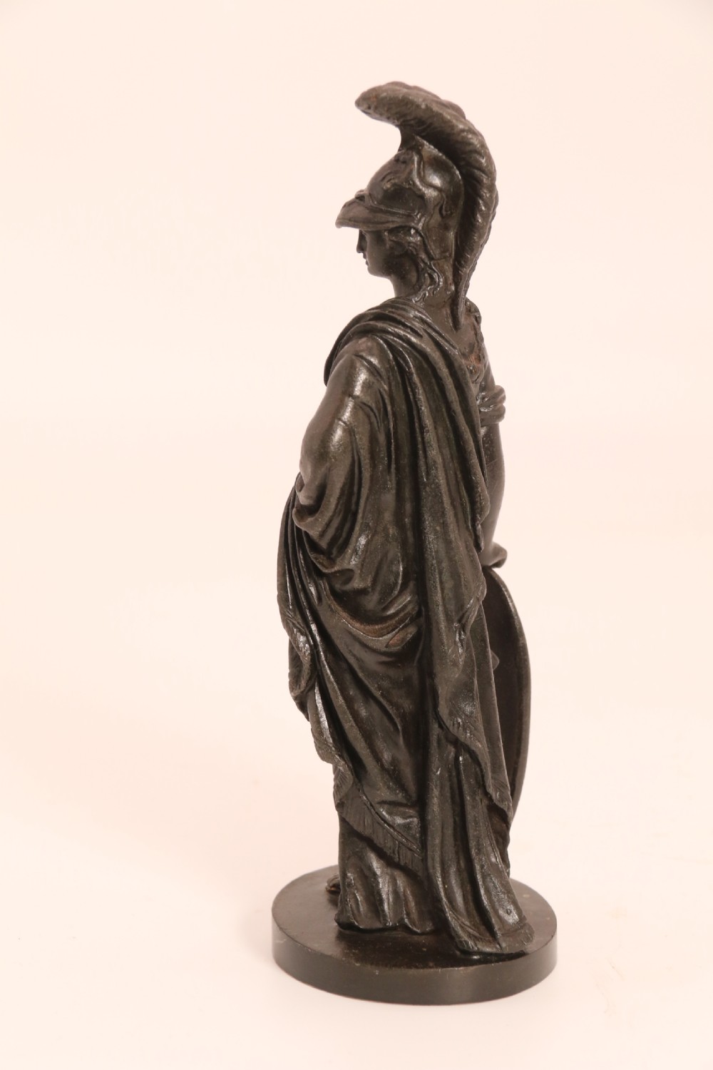A pair of dark patinated bronze classical figures depicting Athena and Zeus on circular bases. View XXV