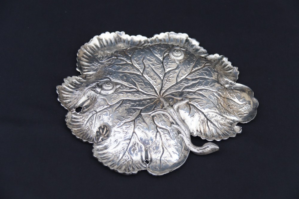 A rare late 19th century silver plated and hand engraved grape salver with matching grape scissors. View IV
