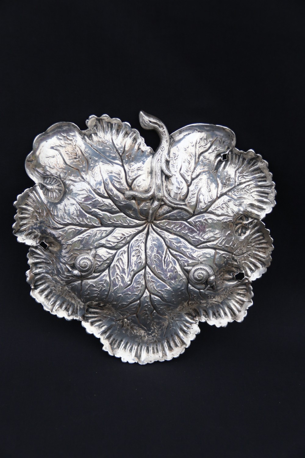 A rare late 19th century silver plated and hand engraved grape salver with matching grape scissors. View V