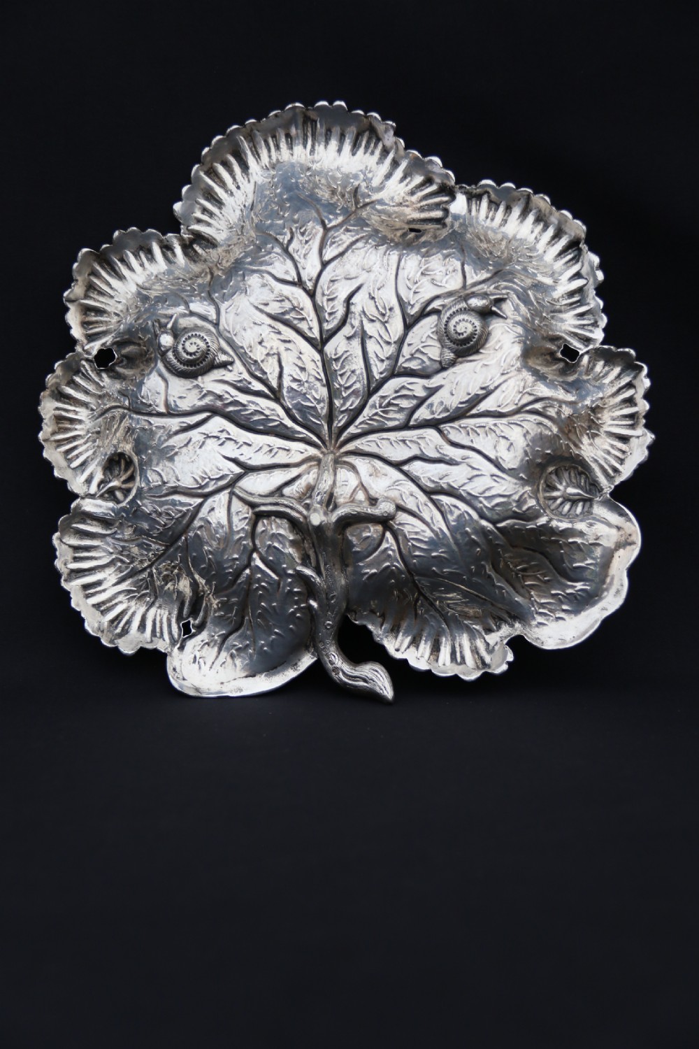A rare late 19th century silver plated and hand engraved grape salver with matching grape scissors. View VI