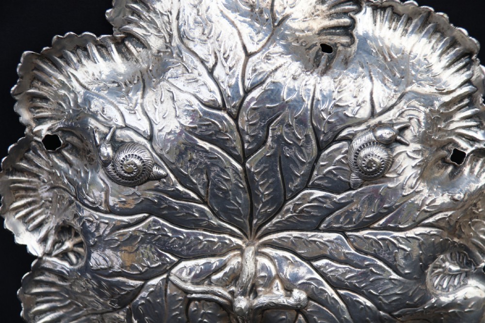 A rare late 19th century silver plated and hand engraved grape salver with matching grape scissors. View VII