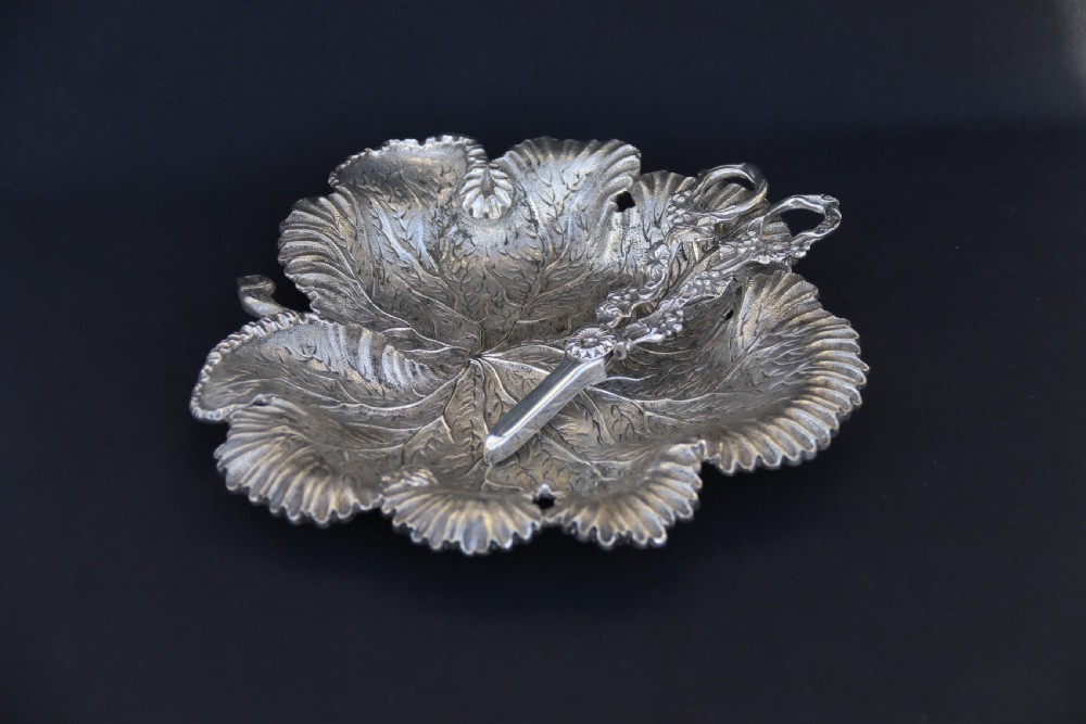A rare late 19th century silver plated and hand engraved grape salver with matching grape scissors. View IX