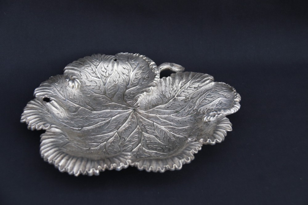 A rare late 19th century silver plated and hand engraved grape salver with matching grape scissors. View XIII