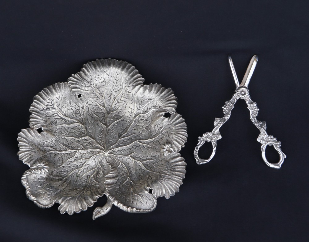 A rare late 19th century silver plated and hand engraved grape salver with matching grape scissors. View XXI