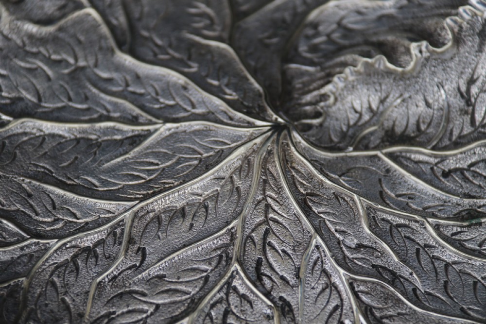 A rare late 19th century silver plated and hand engraved grape salver with matching grape scissors. View XXV