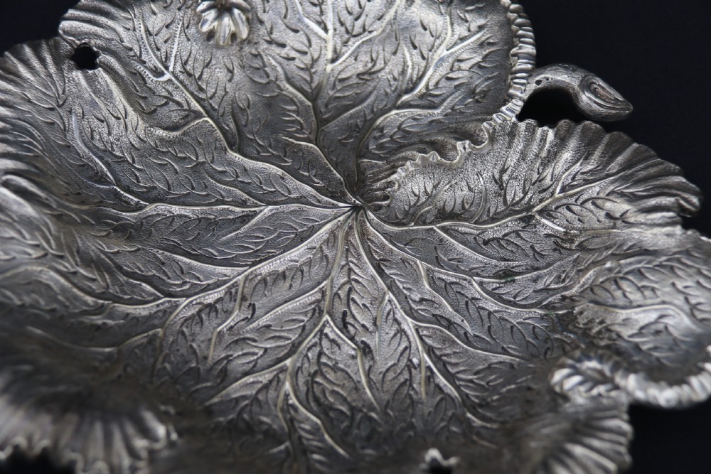 A rare late 19th century silver plated and hand engraved grape salver with matching grape scissors. View XXVIII