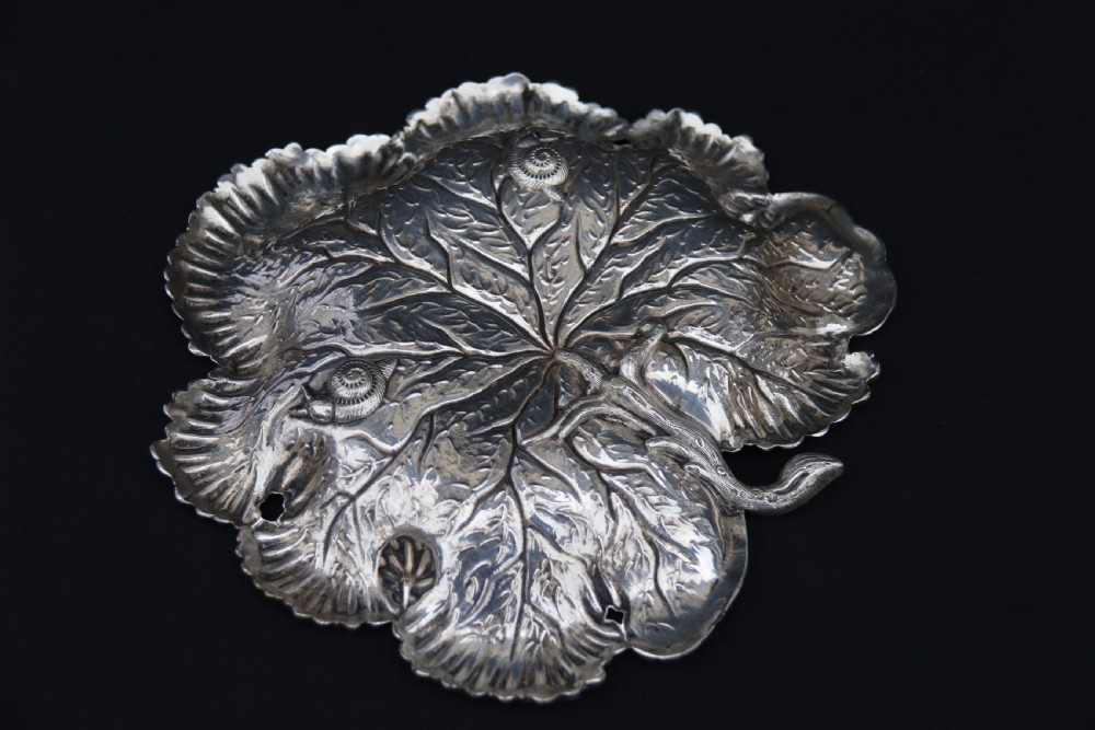A rare late 19th century silver plated and hand engraved grape salver with matching grape scissors. View XXIX