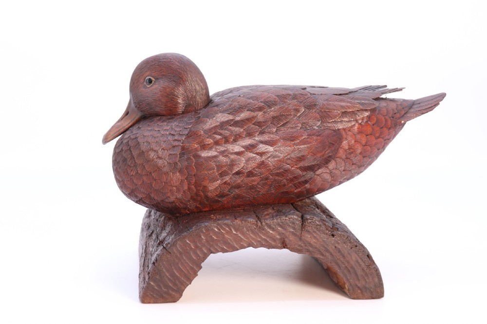 A superb Black Forest carved linden wood study of  a perched mallard duck.

 View VI