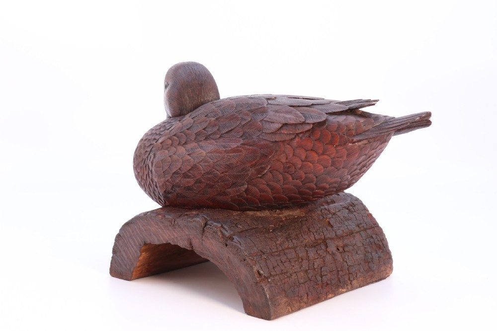 A superb Black Forest carved linden wood study of  a perched mallard duck.

 View VII