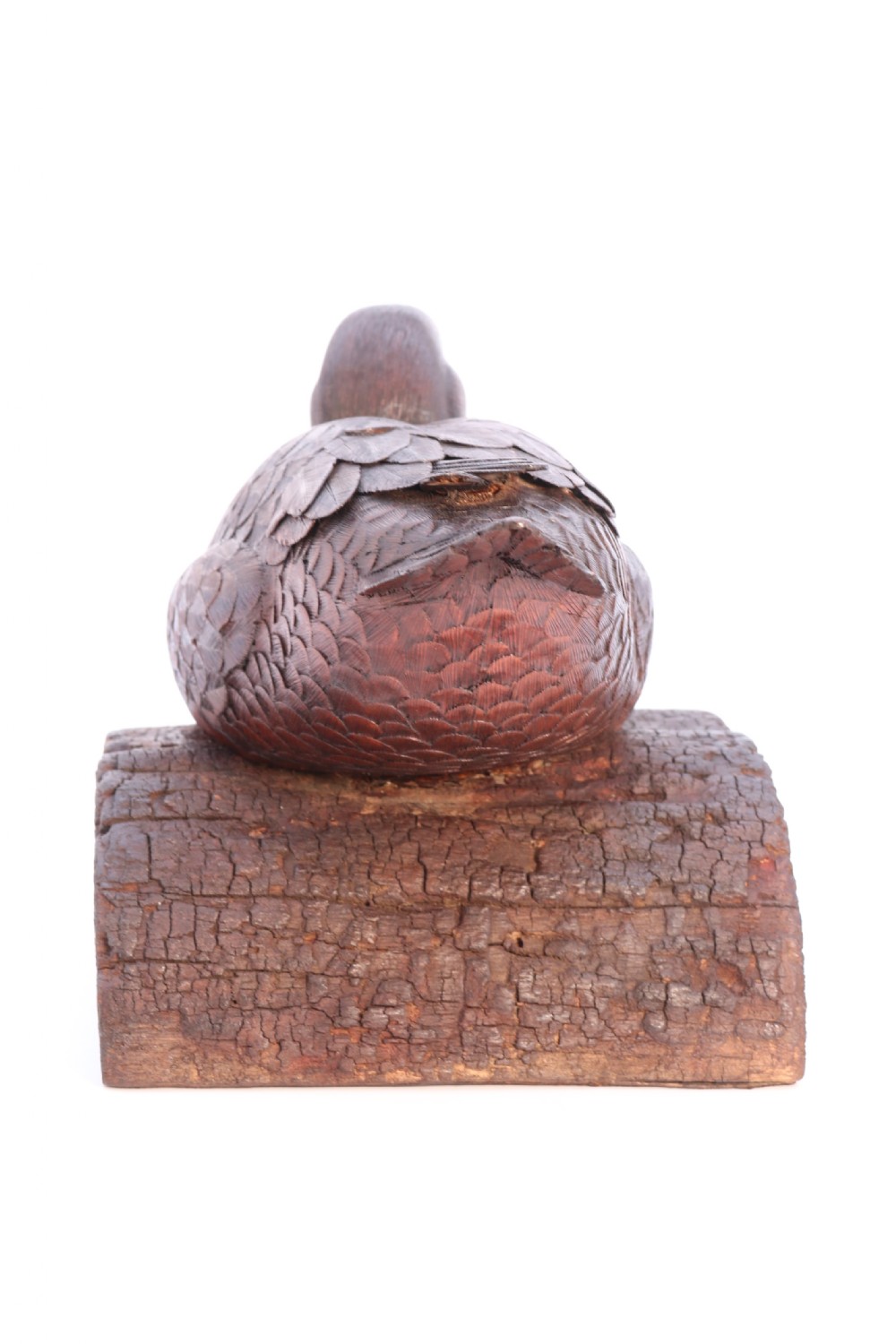 A superb Black Forest carved linden wood study of  a perched mallard duck.

 View VIII
