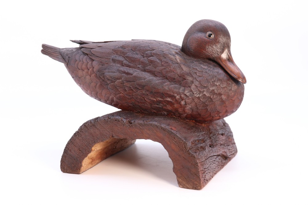 A superb Black Forest carved linden wood study of  a perched mallard duck.

 View XI