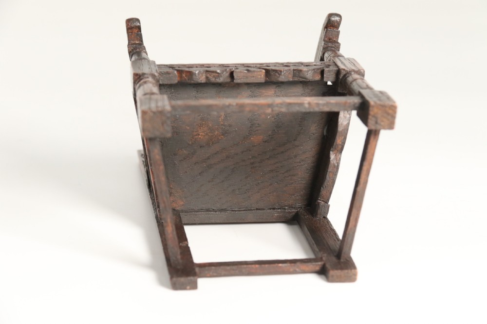 An exceptional miniature country oak panelled and carved wainscot armchair, circa 1900

 View XIV