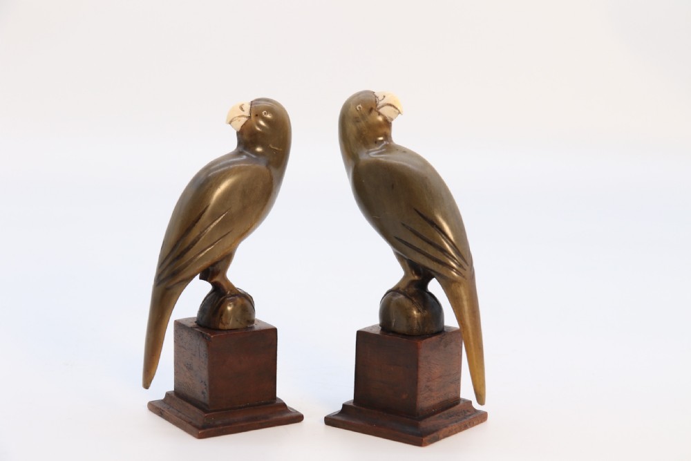 An Indian Raj period pair of carved buffalo horn parrots on wooden stands, circa 1890

 View III