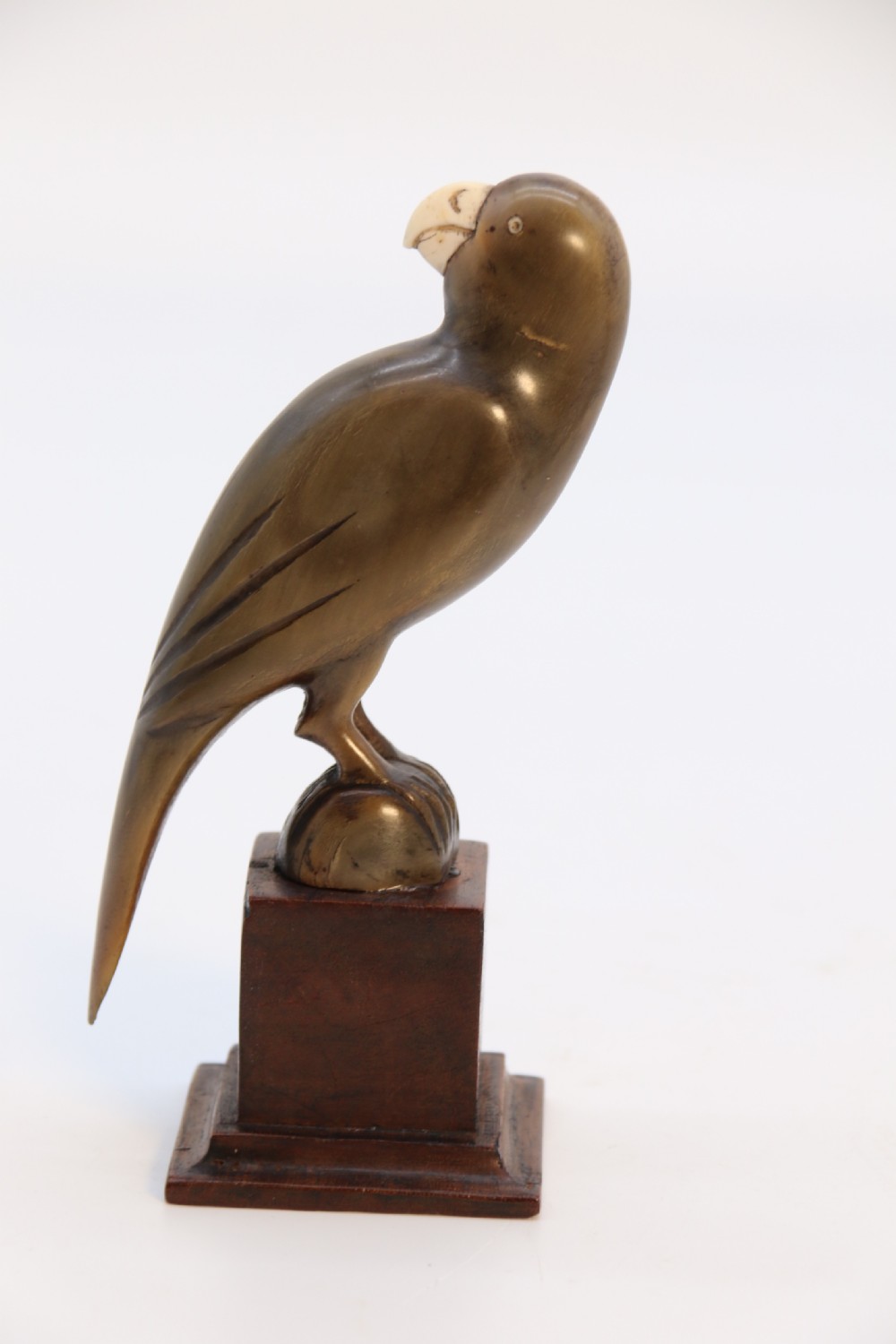 An Indian Raj period pair of carved buffalo horn parrots on wooden stands, circa 1890

 View V