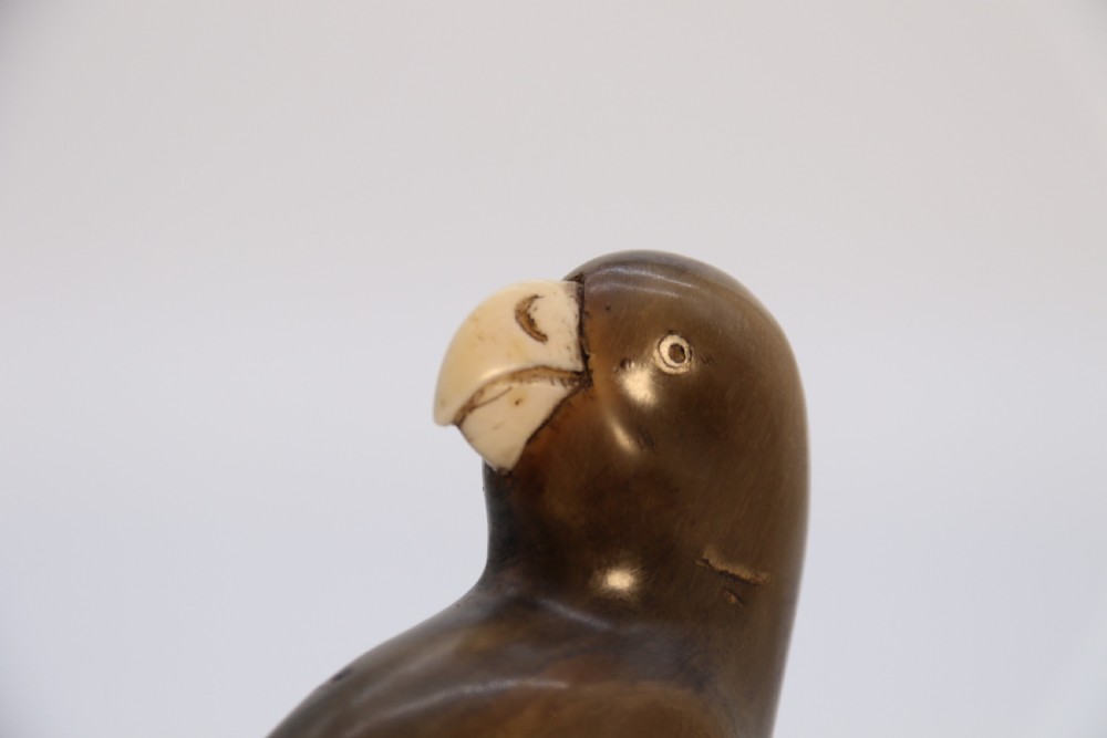 An Indian Raj period pair of carved buffalo horn parrots on wooden stands, circa 1890

 View XII
