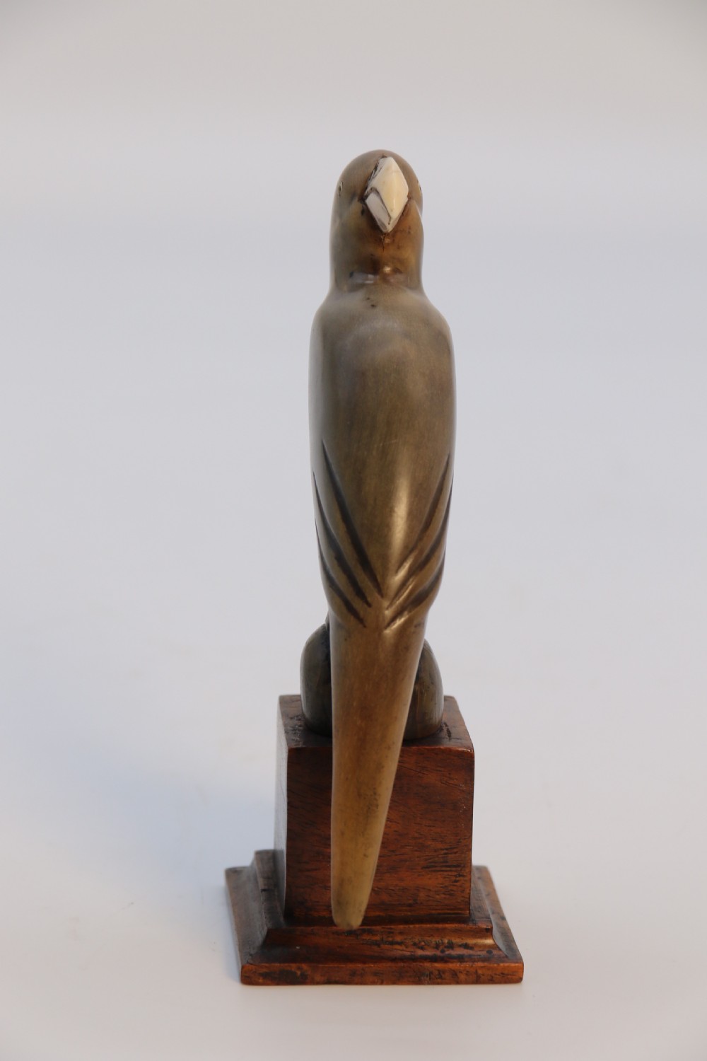 An Indian Raj period pair of carved buffalo horn parrots on wooden stands, circa 1890

 View XV