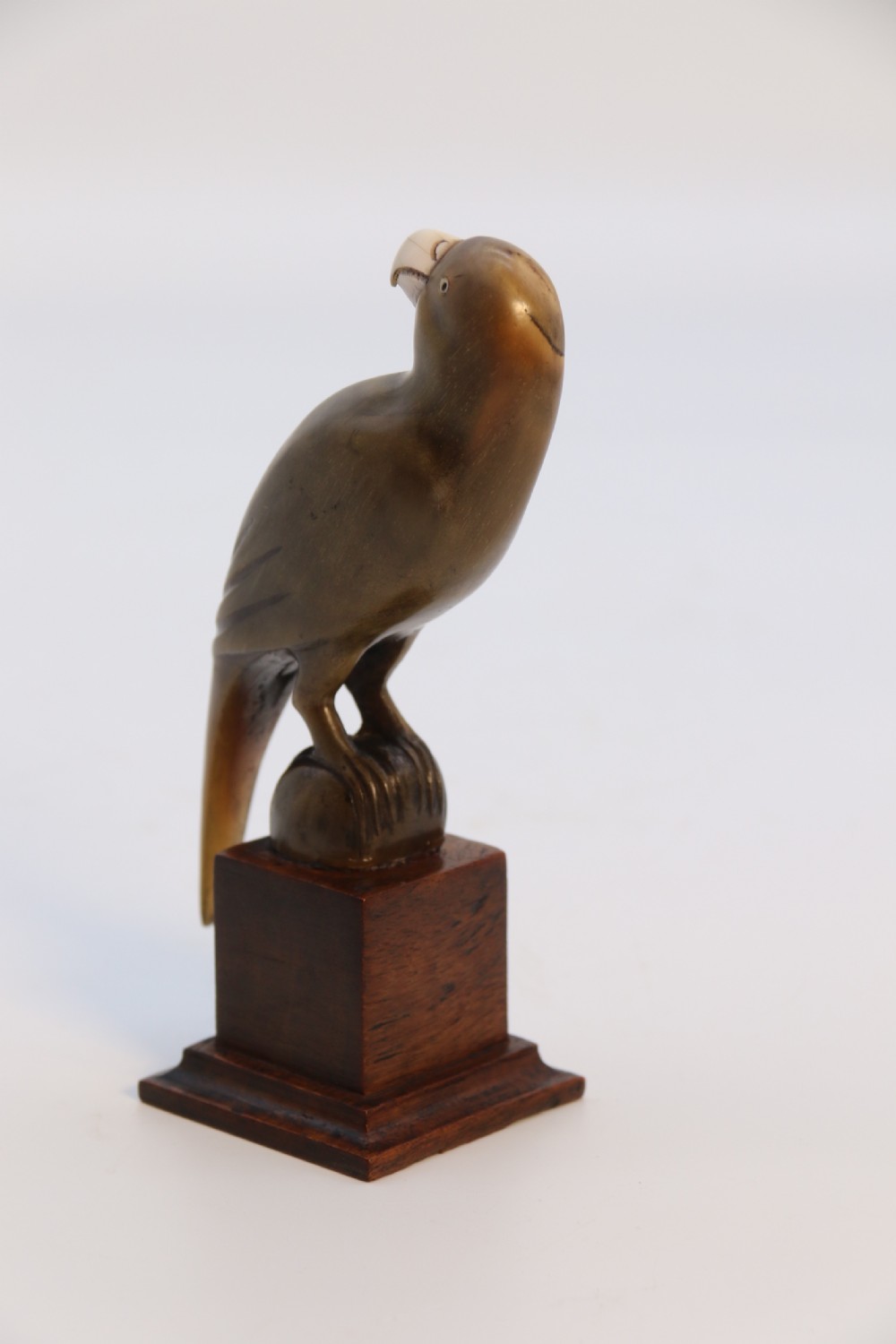 An Indian Raj period pair of carved buffalo horn parrots on wooden stands, circa 1890

 View XVIII