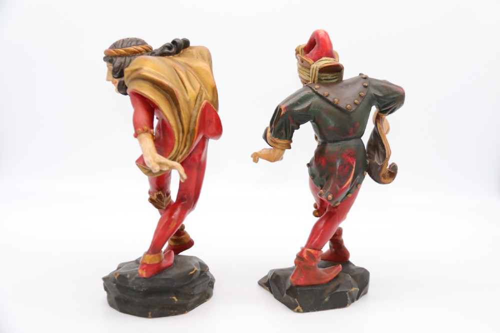 A superb pair of Black Forest carved lime wood and polychrome painted dancing jester figures View VI