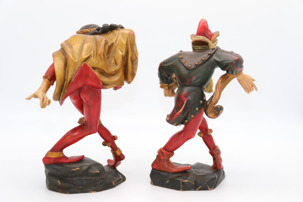A superb pair of Black Forest carved lime wood and polychrome painted dancing jester figures View VII