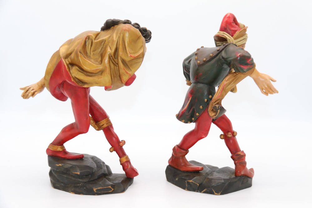 A superb pair of Black Forest carved lime wood and polychrome painted dancing jester figures View VIII