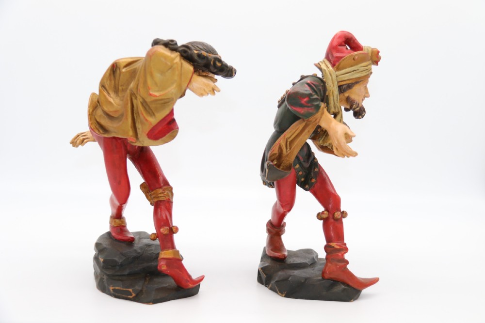 A superb pair of Black Forest carved lime wood and polychrome painted dancing jester figures View IX