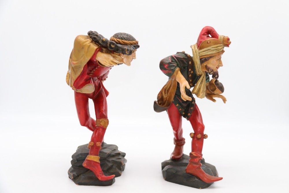 A superb pair of Black Forest carved lime wood and polychrome painted dancing jester figures View X