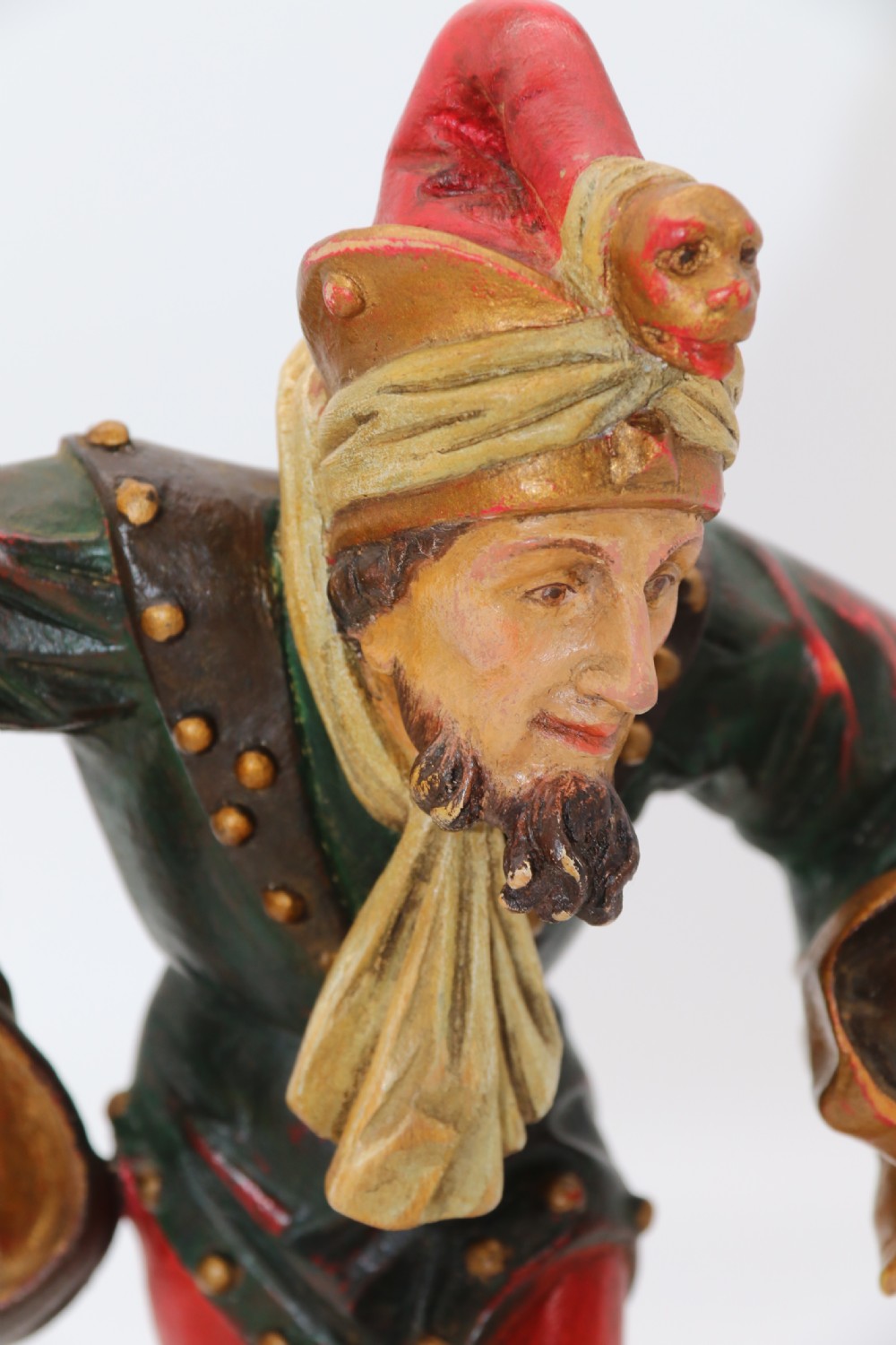 A superb pair of Black Forest carved lime wood and polychrome painted dancing jester figures View XXI