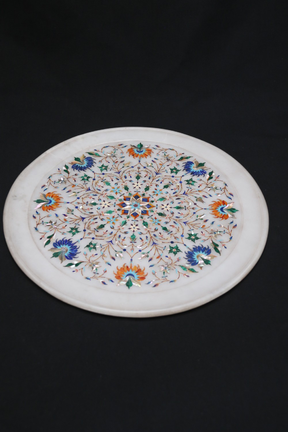 A rare and ultra-fine Raj period Indian white marble charger profusely inlaid with semi-precious cut stones. View XI