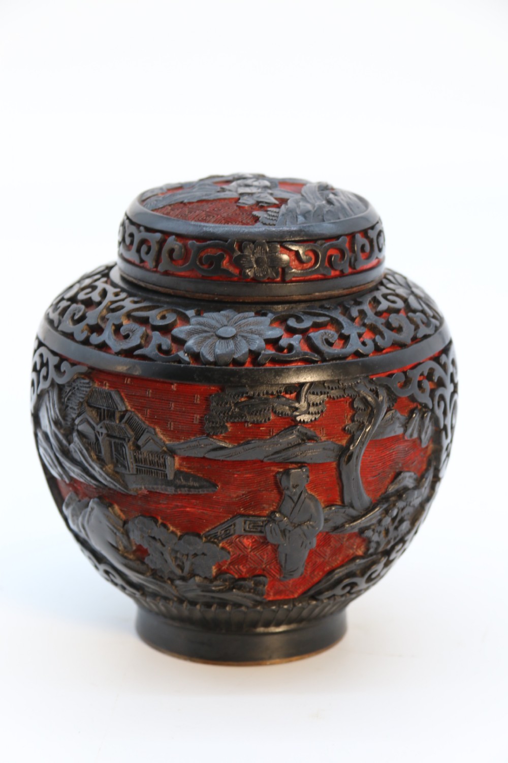 A fine Chinese carved cinnabar red and black lacquer jar and cover, circa 1920 View II